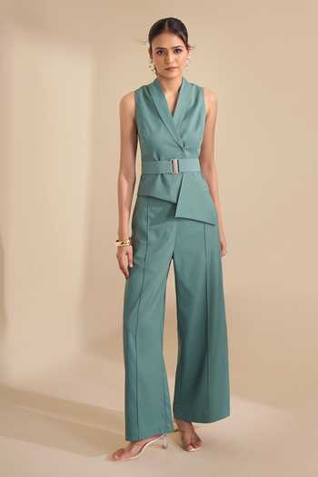 Naintara Bajaj_Green Lycra Shawl Neck Sleek Lapel Waistcoat And Trouser Set _Online_at_Aza_Fashions