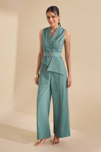 Buy_Naintara Bajaj_Green Lycra Shawl Neck Sleek Lapel Waistcoat And Trouser Set _Online_at_Aza_Fashions