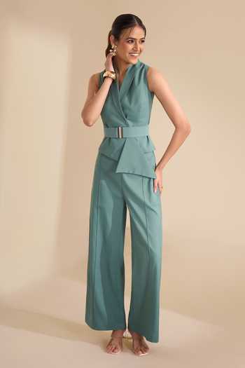 Shop_Naintara Bajaj_Green Lycra Shawl Neck Sleek Lapel Waistcoat And Trouser Set _Online_at_Aza_Fashions