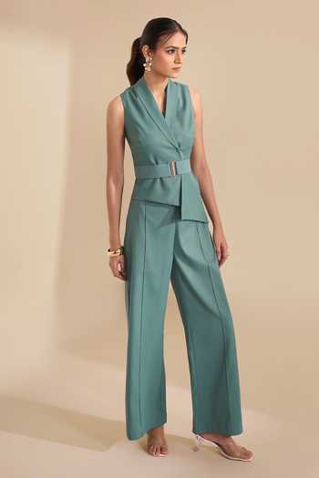 Naintara Bajaj_Green Lycra Shawl Neck Sleek Lapel Waistcoat And Trouser Set _at_Aza_Fashions