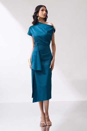 Naintara Bajaj_Teal Lycra One Shoulder Draped Midi Slit Dress _Online_at_Aza_Fashions