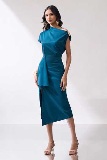 Buy_Naintara Bajaj_Teal Lycra One Shoulder Draped Midi Slit Dress _Online_at_Aza_Fashions