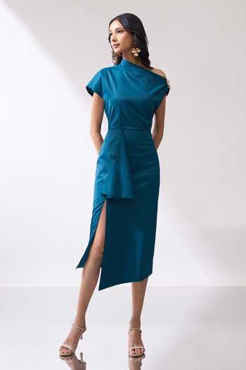 Shop_Naintara Bajaj_Teal Lycra One Shoulder Draped Midi Slit Dress _Online_at_Aza_Fashions
