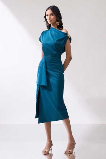 Naintara Bajaj_Teal Lycra One Shoulder Draped Midi Slit Dress _at_Aza_Fashions