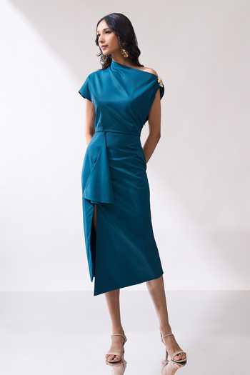 Buy_Naintara Bajaj_Teal Lycra One Shoulder Draped Midi Slit Dress 