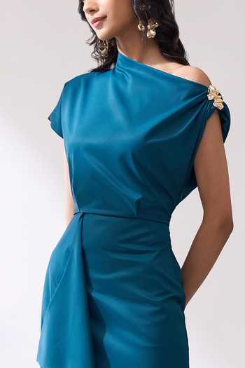 Shop_Naintara Bajaj_Teal Lycra One Shoulder Draped Midi Slit Dress 