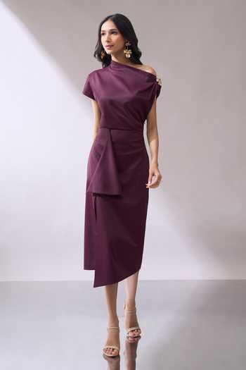 Shop_Naintara Bajaj_Wine Lycra One Shoulder Draped Slit Midi Dress _Online_at_Aza_Fashions