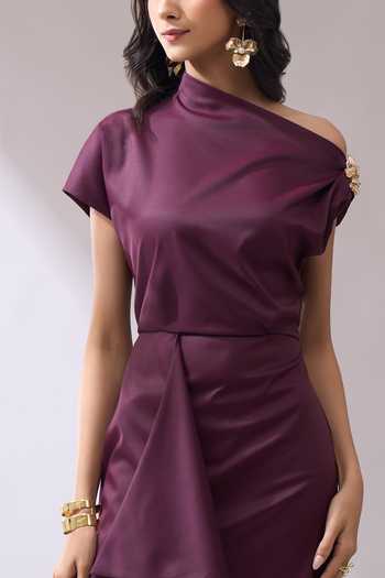Shop_Naintara Bajaj_Wine Lycra One Shoulder Draped Slit Midi Dress 