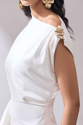 Naintara Bajaj_Ivory Lycra One Shoulder Placed Brooch Draped Midi Dress _Online_at_Aza_Fashions