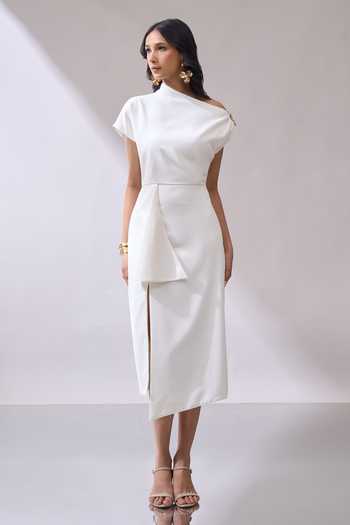 Shop_Naintara Bajaj_Ivory Lycra One Shoulder Placed Brooch Draped Midi Dress _Online_at_Aza_Fashions