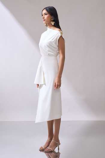 Naintara Bajaj_Ivory Lycra One Shoulder Placed Brooch Draped Midi Dress _at_Aza_Fashions