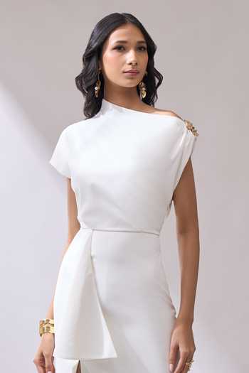 Shop_Naintara Bajaj_Ivory Lycra One Shoulder Placed Brooch Draped Midi Dress 