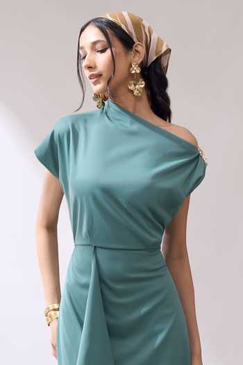 Naintara Bajaj_Green Lycra One Shoulder Placed Brooch Draped Dress _Online_at_Aza_Fashions