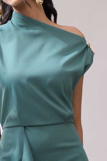 Buy_Naintara Bajaj_Green Lycra One Shoulder Placed Brooch Draped Dress _Online_at_Aza_Fashions