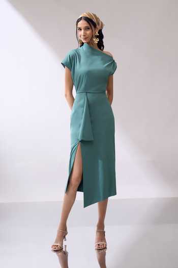 Shop_Naintara Bajaj_Green Lycra One Shoulder Placed Brooch Draped Dress _Online_at_Aza_Fashions