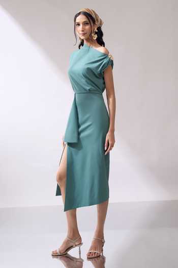 Naintara Bajaj_Green Lycra One Shoulder Placed Brooch Draped Dress _at_Aza_Fashions