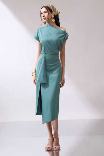Buy_Naintara Bajaj_Green Lycra One Shoulder Placed Brooch Draped Dress 