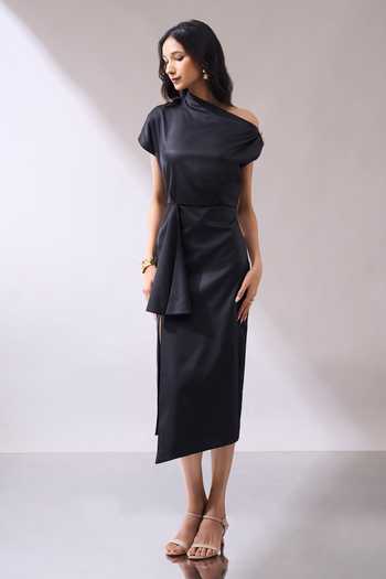 Naintara Bajaj_Black Lycra One Shoulder Draped Midi Dress _Online_at_Aza_Fashions