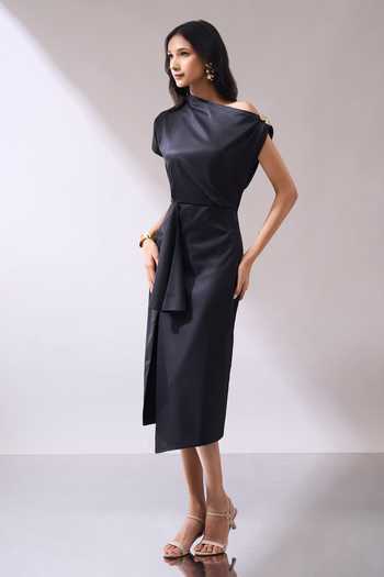 Buy_Naintara Bajaj_Black Lycra One Shoulder Draped Midi Dress _Online_at_Aza_Fashions