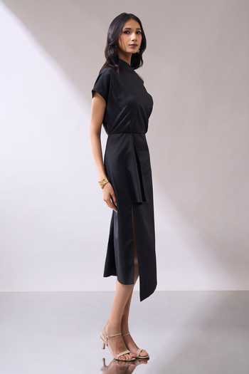Shop_Naintara Bajaj_Black Lycra One Shoulder Draped Midi Dress _Online_at_Aza_Fashions