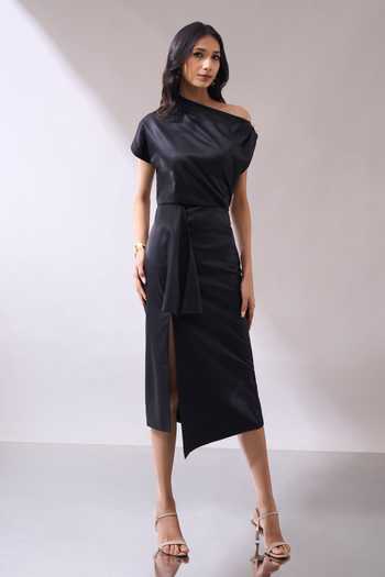 Naintara Bajaj_Black Lycra One Shoulder Draped Midi Dress _at_Aza_Fashions