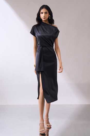 Buy_Naintara Bajaj_Black Lycra One Shoulder Draped Midi Dress 