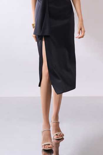 Shop_Naintara Bajaj_Black Lycra One Shoulder Draped Midi Dress 