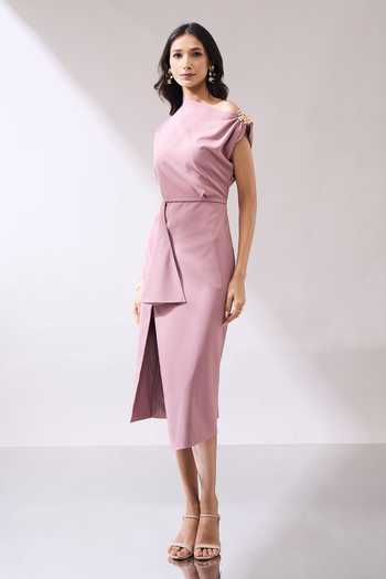 Naintara Bajaj_Pink Lycra One Shoulder Draped Midi Dress _Online_at_Aza_Fashions