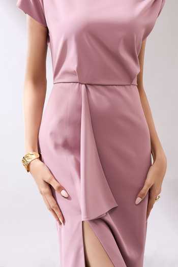 Buy_Naintara Bajaj_Pink Lycra One Shoulder Draped Midi Dress _Online_at_Aza_Fashions