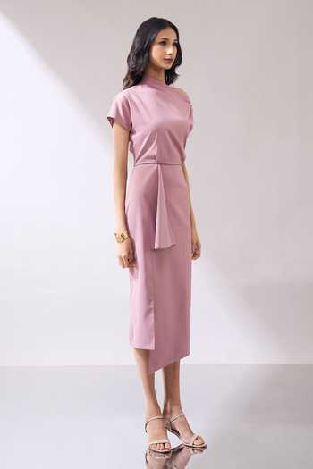Shop_Naintara Bajaj_Pink Lycra One Shoulder Draped Midi Dress _Online_at_Aza_Fashions
