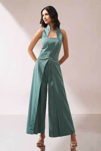 Shop_Naintara Bajaj_Green High-collar Slit Jumpsuit _Online_at_Aza_Fashions