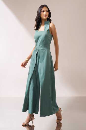 Naintara Bajaj_Green High-collar Slit Jumpsuit _at_Aza_Fashions