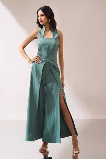 Shop_Naintara Bajaj_Green High-collar Slit Jumpsuit 
