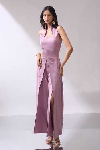 Naintara Bajaj_Pink Slit Wide Leg High Collared Jumpsuit _Online_at_Aza_Fashions