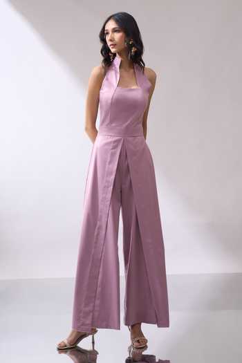 Buy_Naintara Bajaj_Pink Slit Wide Leg High Collared Jumpsuit _Online_at_Aza_Fashions
