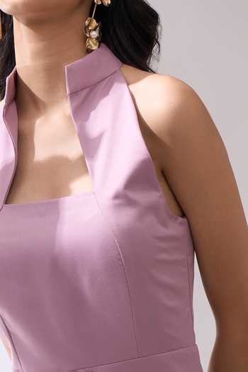 Shop_Naintara Bajaj_Pink Slit Wide Leg High Collared Jumpsuit _Online_at_Aza_Fashions