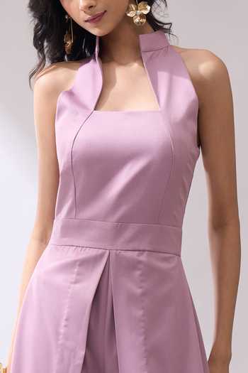 Naintara Bajaj_Pink Slit Wide Leg High Collared Jumpsuit _at_Aza_Fashions