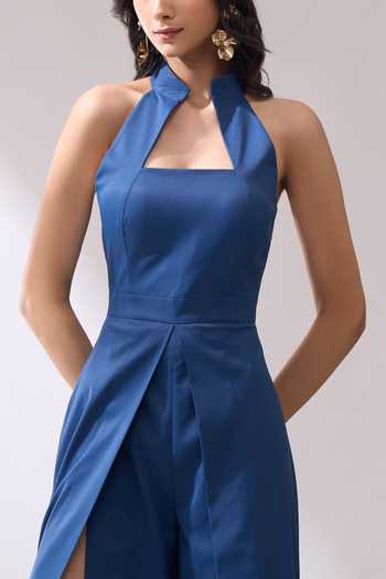 Buy_Naintara Bajaj_Blue High-collar Slit Leg Jumpsuit _Online_at_Aza_Fashions