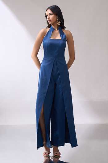Shop_Naintara Bajaj_Blue High-collar Slit Leg Jumpsuit _Online_at_Aza_Fashions