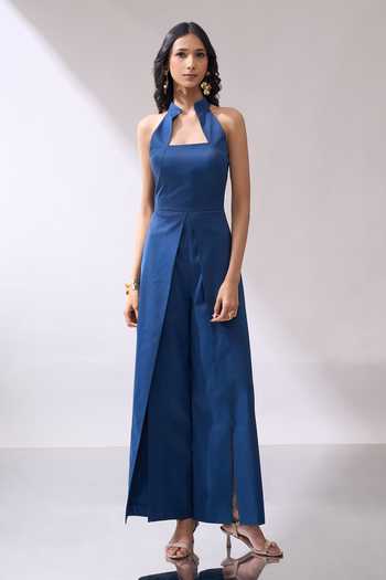 Naintara Bajaj_Blue High-collar Slit Leg Jumpsuit _at_Aza_Fashions