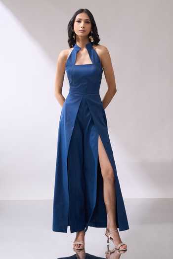 Buy_Naintara Bajaj_Blue High-collar Slit Leg Jumpsuit 
