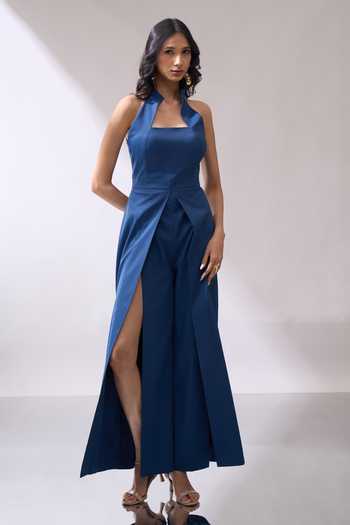 Shop_Naintara Bajaj_Blue High-collar Slit Leg Jumpsuit 