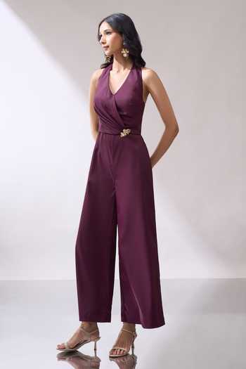 Shop_Naintara Bajaj_Wine Placed Brooch Halter Neck Jumpsuit _Online_at_Aza_Fashions