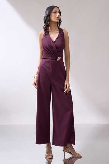 Buy_Naintara Bajaj_Wine Placed Brooch Halter Neck Jumpsuit 