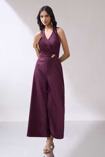 Shop_Naintara Bajaj_Wine Placed Brooch Halter Neck Jumpsuit 