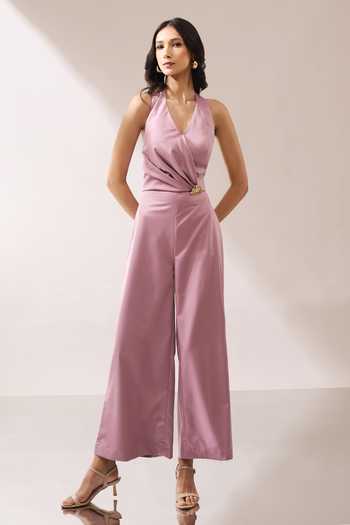 Buy_Naintara Bajaj_Pink Side Placed Brooch Halter Jumpsuit _Online_at_Aza_Fashions