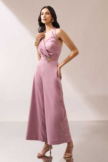 Naintara Bajaj_Pink Side Placed Brooch Halter Jumpsuit _at_Aza_Fashions