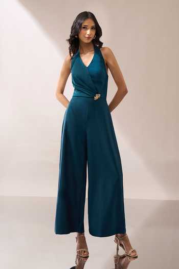 Buy_Naintara Bajaj_Teal Halter Neck Placed Brooch Jumpsuit _Online_at_Aza_Fashions