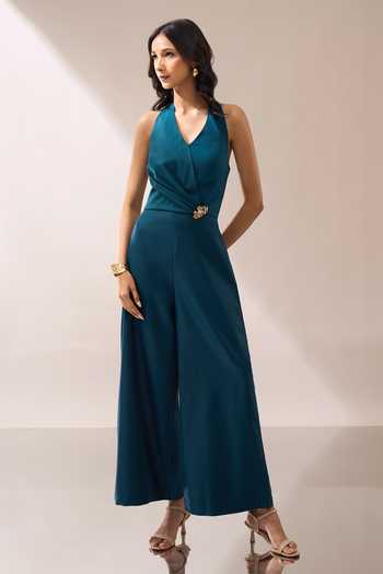 Shop_Naintara Bajaj_Teal Halter Neck Placed Brooch Jumpsuit 