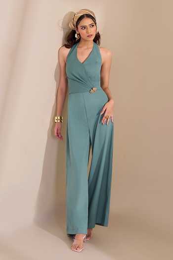 Shop_Naintara Bajaj_Green Placed Brooch Halter Jumpsuit _Online_at_Aza_Fashions